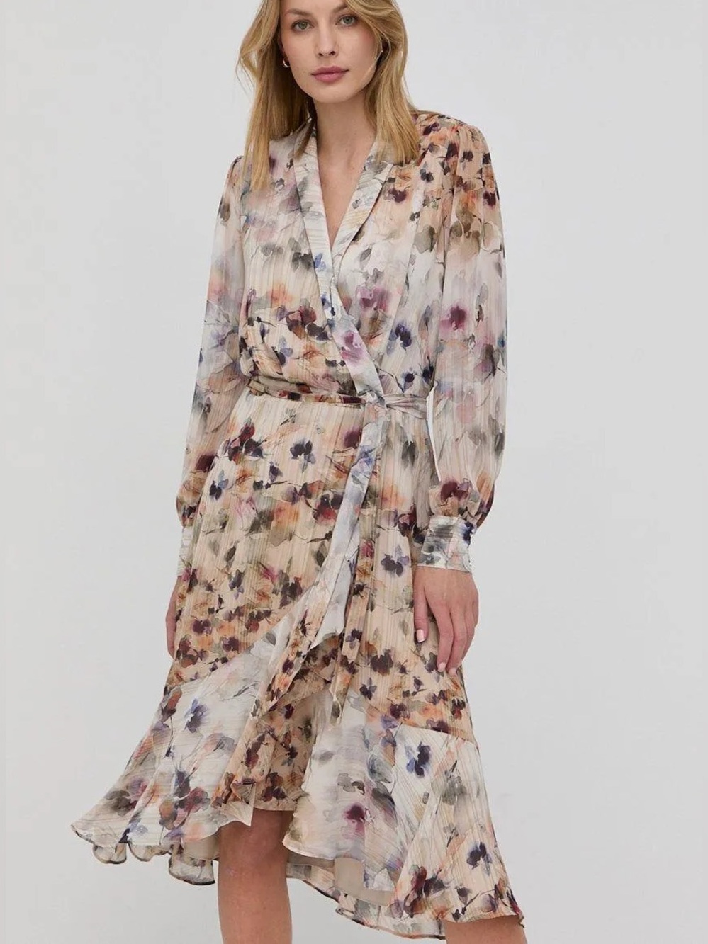 Marciano Watercolor Floral Long Sleeve Ruffle Midi Wrap Dress Ethereal XS